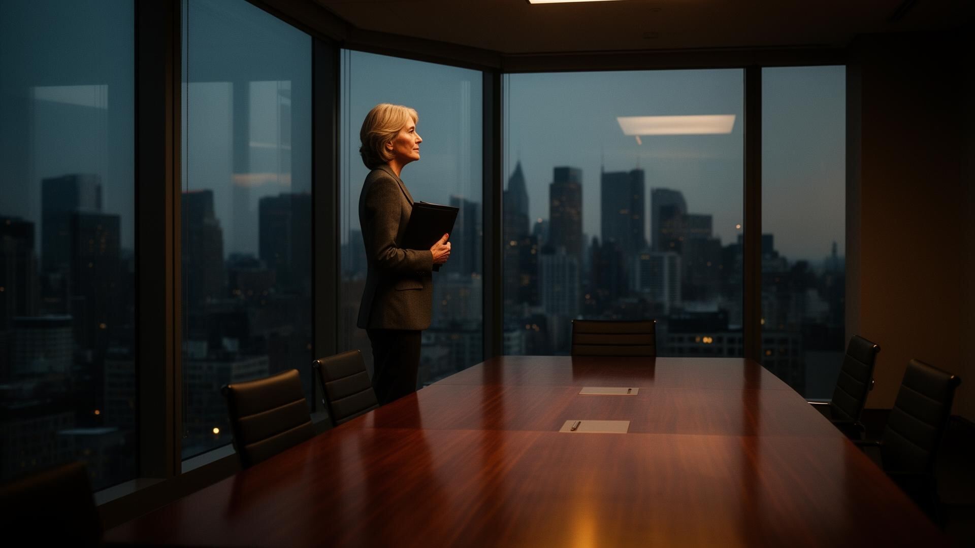 Senior executive standing at a high-rise window above a darkening city, holding a folder in a quiet boardroom at dusk