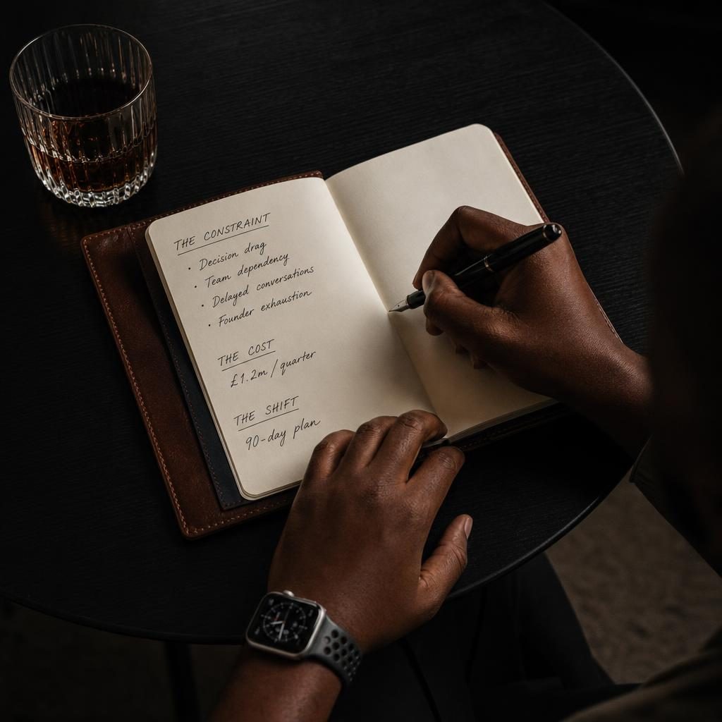 A founder writing in a notebook: The Constraint, The Cost, The Shift, 90-day plan.